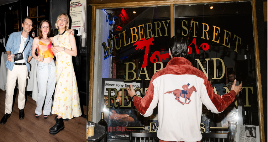 Stars posing indoors; a person wearing a red and white jacket with a horse design is outside Mulberry Street Bar and Restaurant entrance
