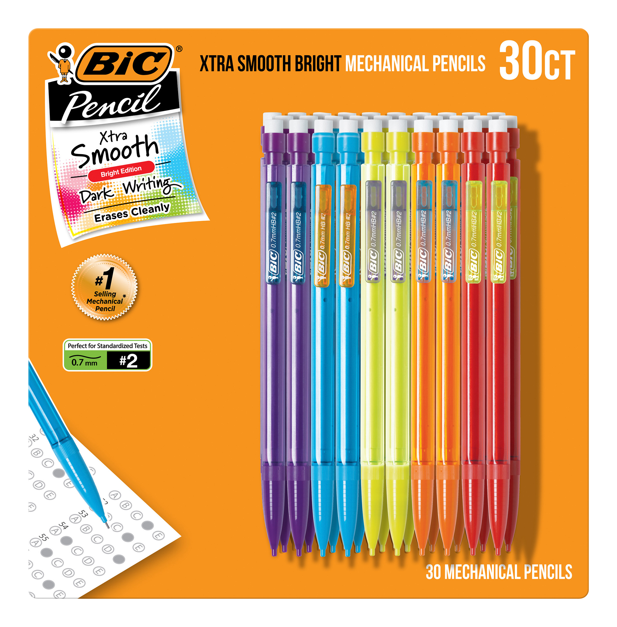 BIC Xtra Smooth Mechanical Pencils, pack of 30, displayed in various colors; “dark Writing” and “Erases Cleanly” benefits shown on packaging