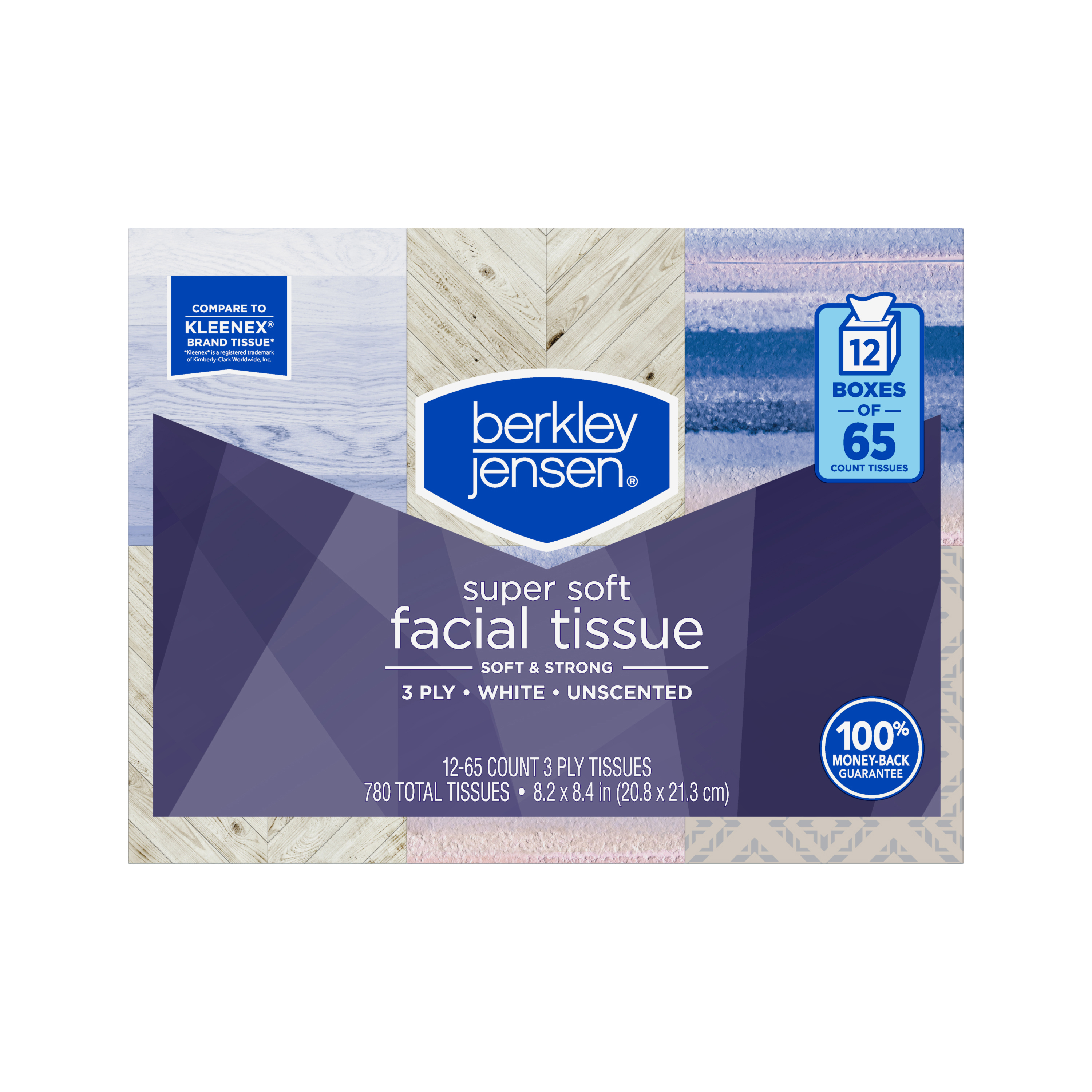 Box of Berkley Jensen Super Soft Facial Tissue, 3-ply, 780 total tissues across 12 boxes (65 tissues per box)