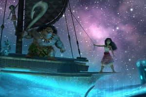 Moana and Maui, from the movie "Moana," on a boat at sea with a glowing whale shark in the water below, set against a starry night sky