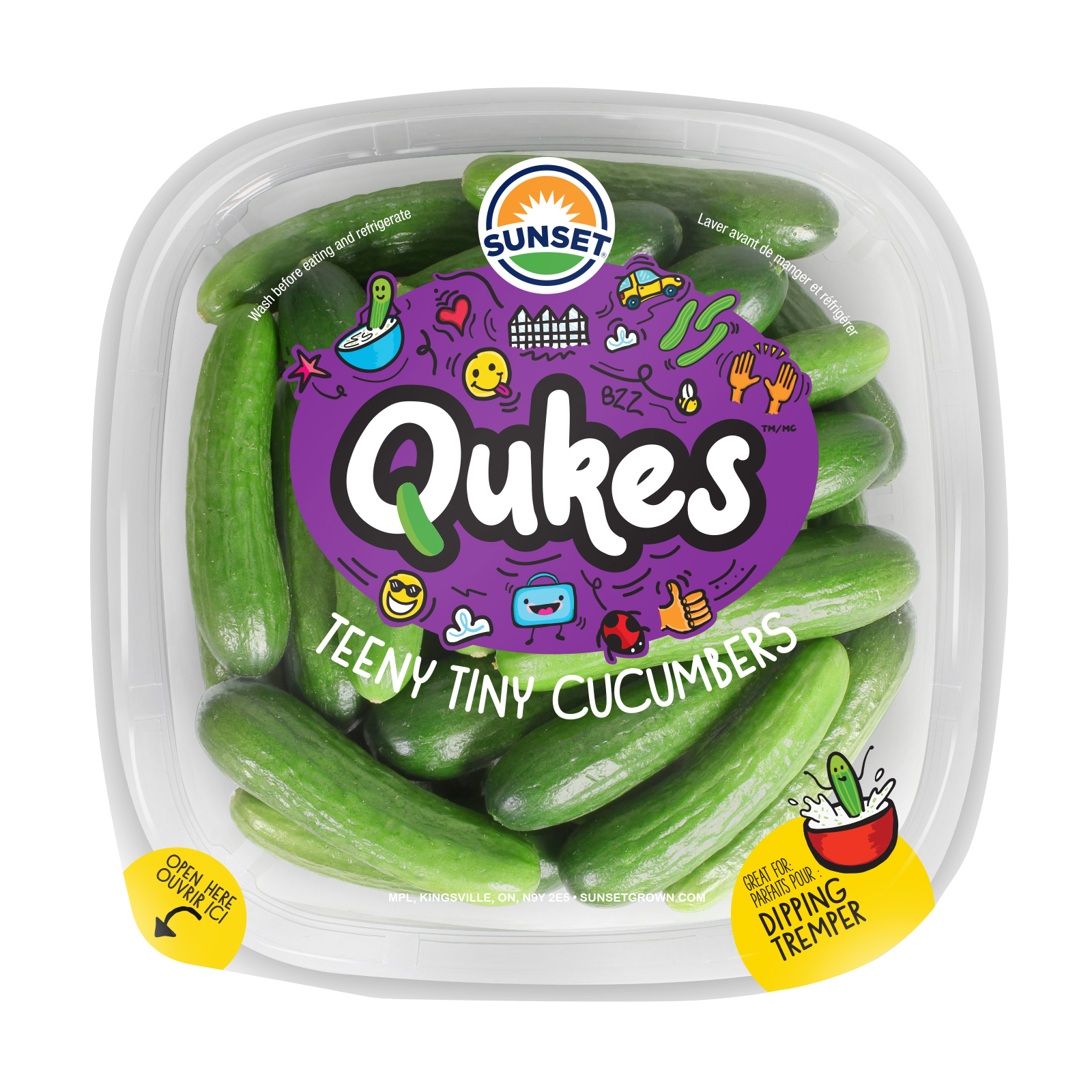 Container of Sunset Qukes Teeny Tiny Cucumbers with a vibrant, playful label featuring cartoon characters and slogans like "great for dipping" and "perfect for snacking."