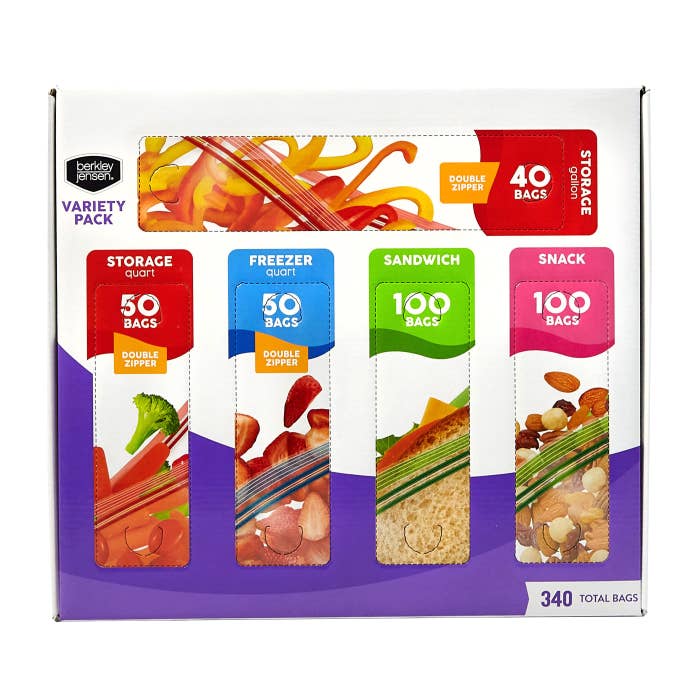 Box with four types of double zipper bags: 40 storage bags, 50 freezer bags, 100 sandwich bags, and 100 snack bags, totaling 340 bags