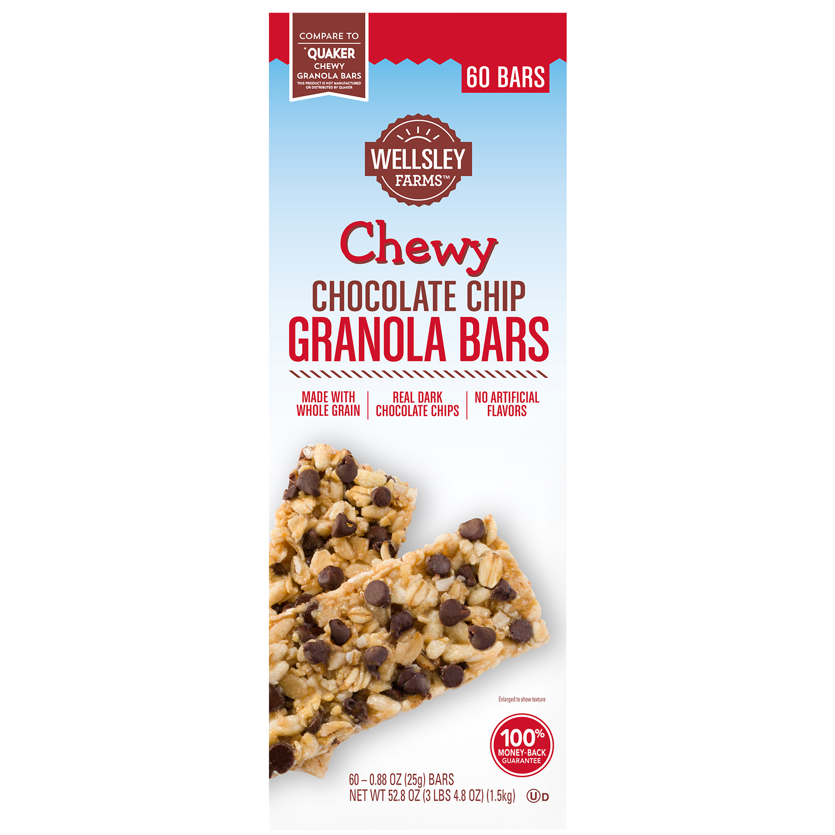 Wellsley Farms Chewy Chocolate Chip Granola Bars packaging; the box contains 60 granola bars made with whole grains and real dark chocolate chips