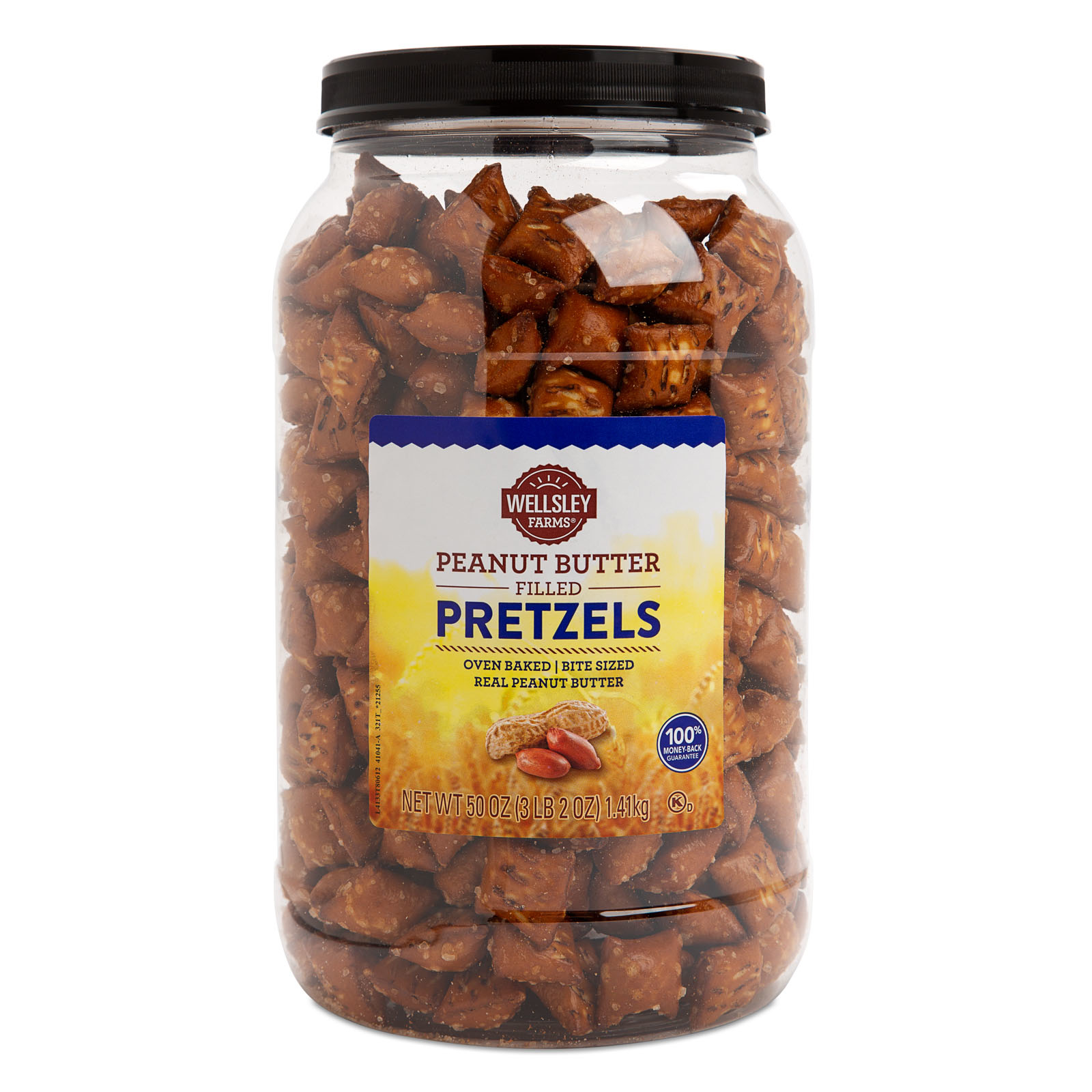 A plastic container of Wellsley Farms Peanut Butter Filled Pretzels; the label mentions "oven baked bites" filled with real peanut butter