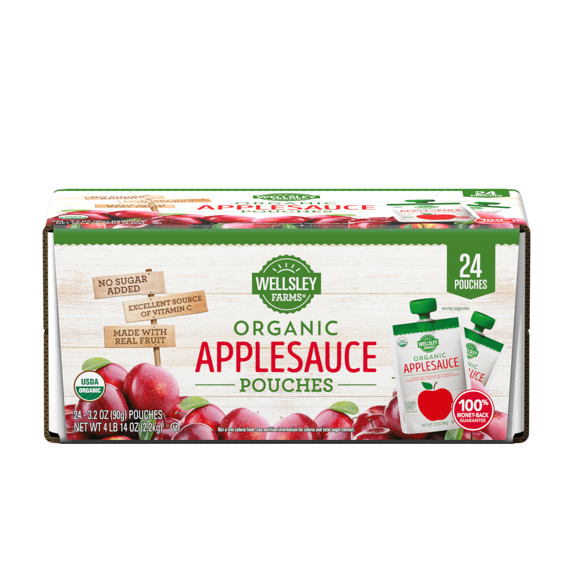 Wellsley Farms Organic Applesauce Pouches box showing 24 pouches, advertising "No Sugar Added," "Excellent Source of Vitamin C," and "Made with Real Fruit"
