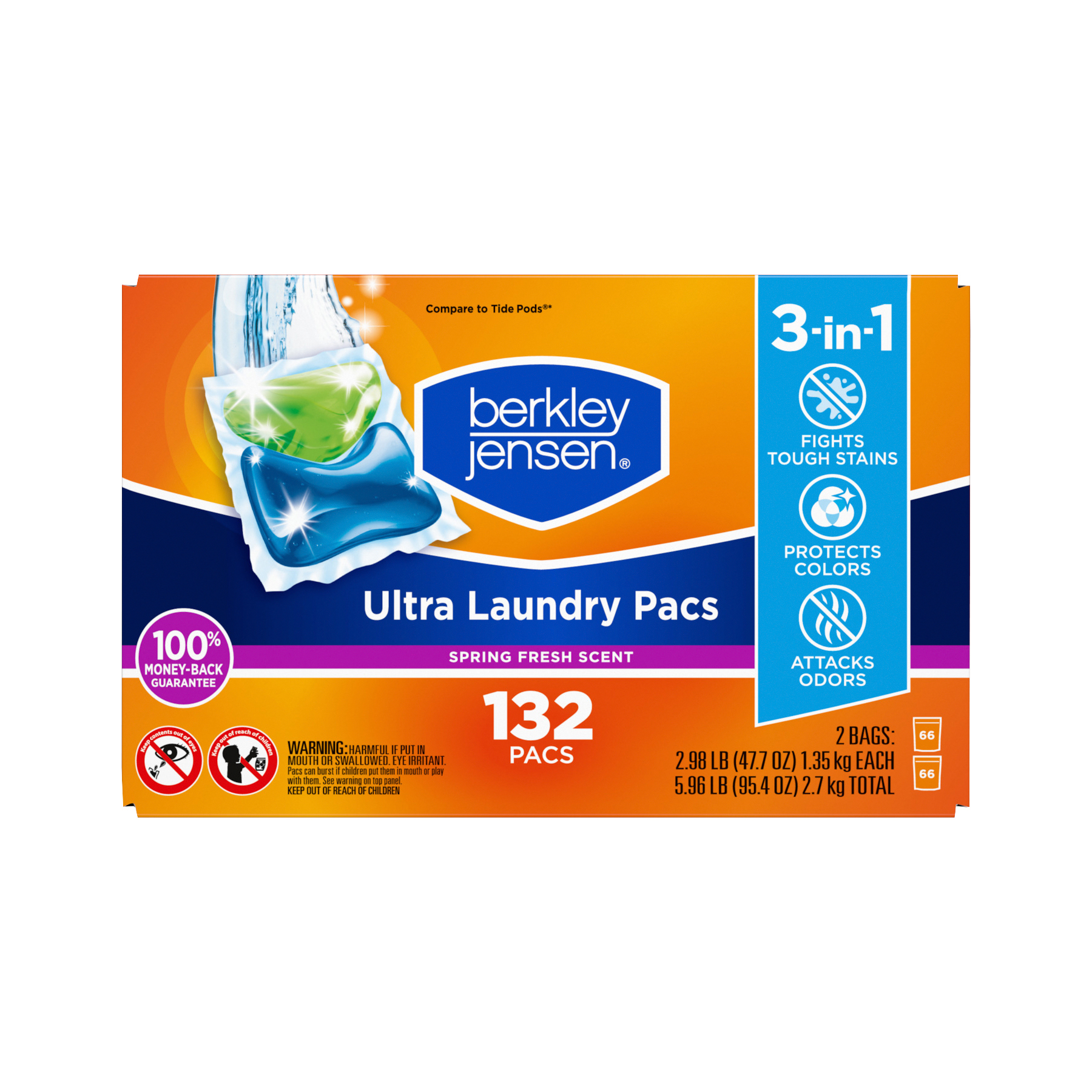 Berkley Jensen Ultra Laundry Pacs, Spring Fresh Scent, 132 pacs, 3-in-1 formula: fights tough stains, protects colors, attacks odors. 100% money-back guarantee