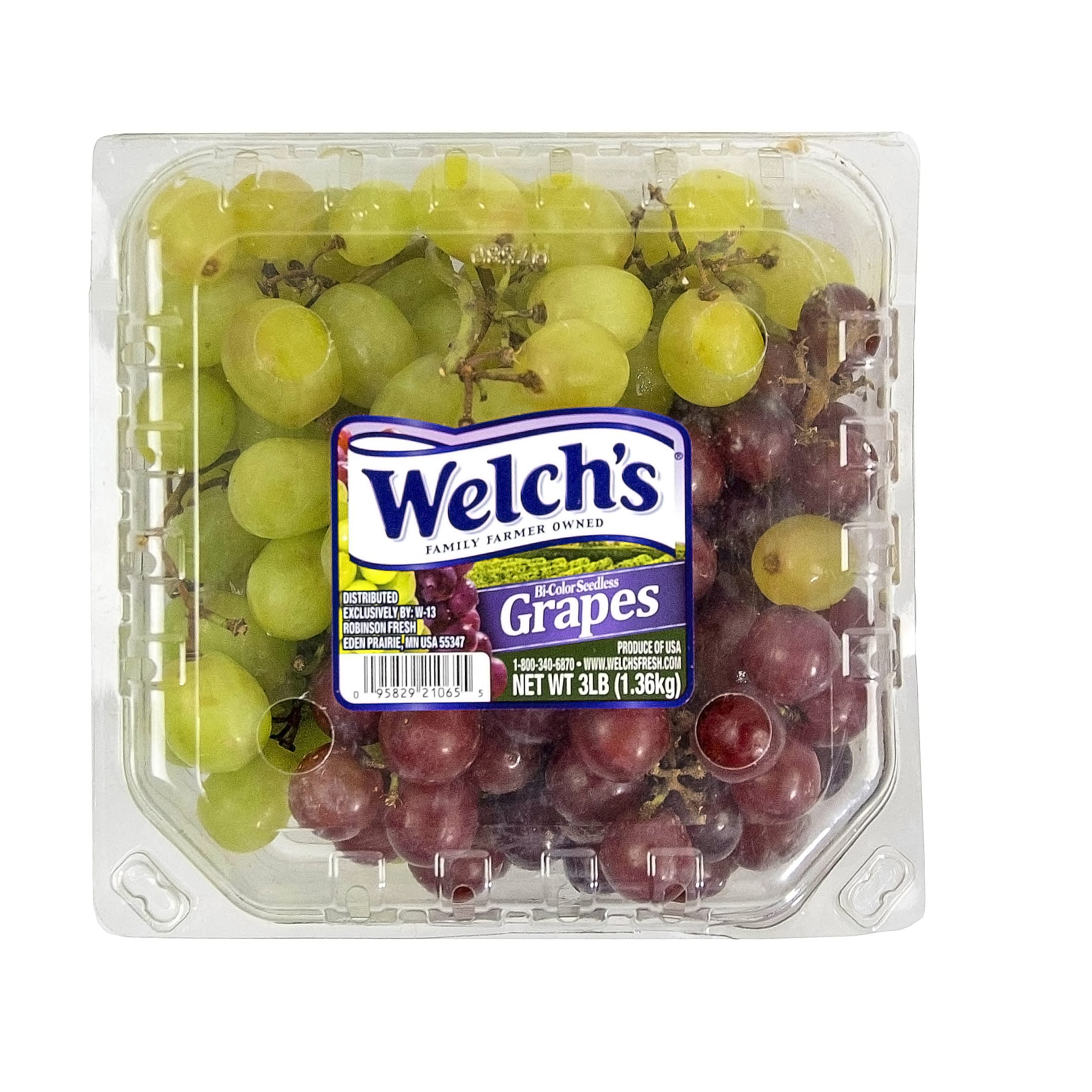 A plastic container of Welch's grapes, containing both green and red seedless grapes. The label indicates the weight is 3 lbs (1.36 kg)