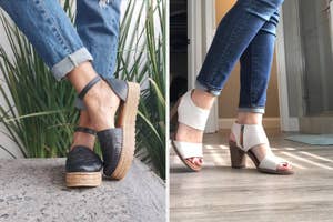 Two images featuring women's legs wearing stylish sandals. Left: Black espadrille wedges. Right: White heeled sandals with open toes. Both paired with rolled jeans