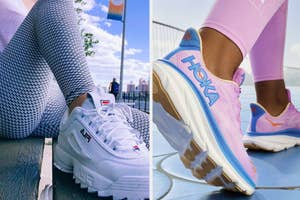 Close-up of two different pairs of sneakers. The left features white FILA sneakers with geometric mesh leggings. The right showcases pink HOKA sneakers with pink leggings
