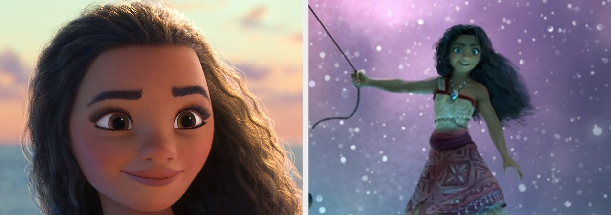 Moana from the original movie on the left, and Moana in the sequel, set three years later, on the right