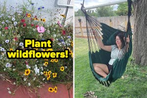 Left: A variety of wildflowers in a garden; Right: A person relaxes in a green hammock chair