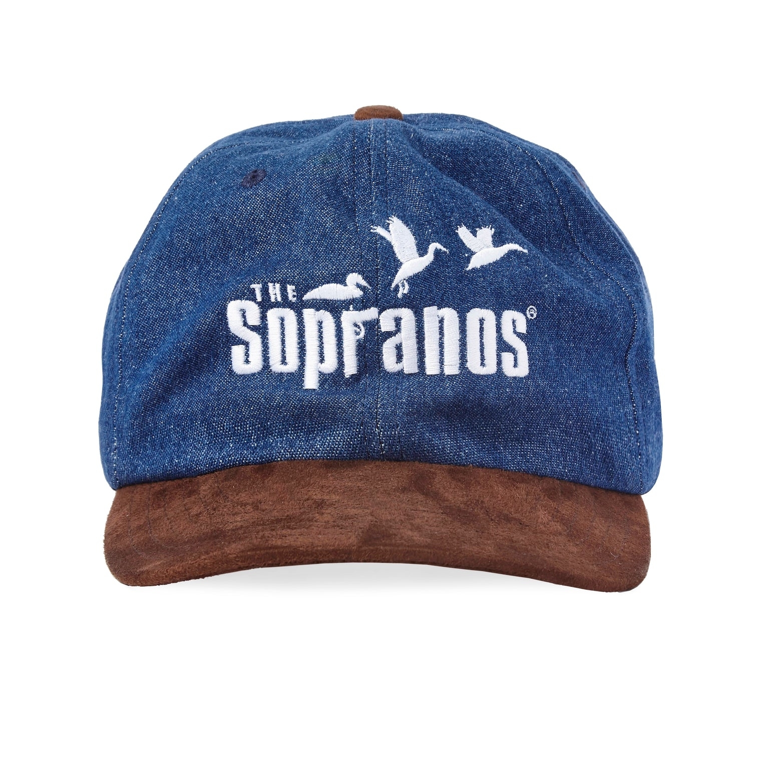 A denim cap with a brown suede brim, featuring &quot;The Sopranos&quot; logo and three bird silhouettes