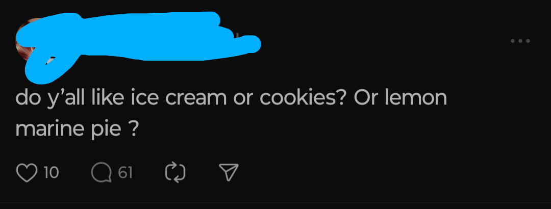 A social media post asks, "do y’all like ice cream or cookies? Or lemon marine pie?" The post has 10 likes and 61 comments