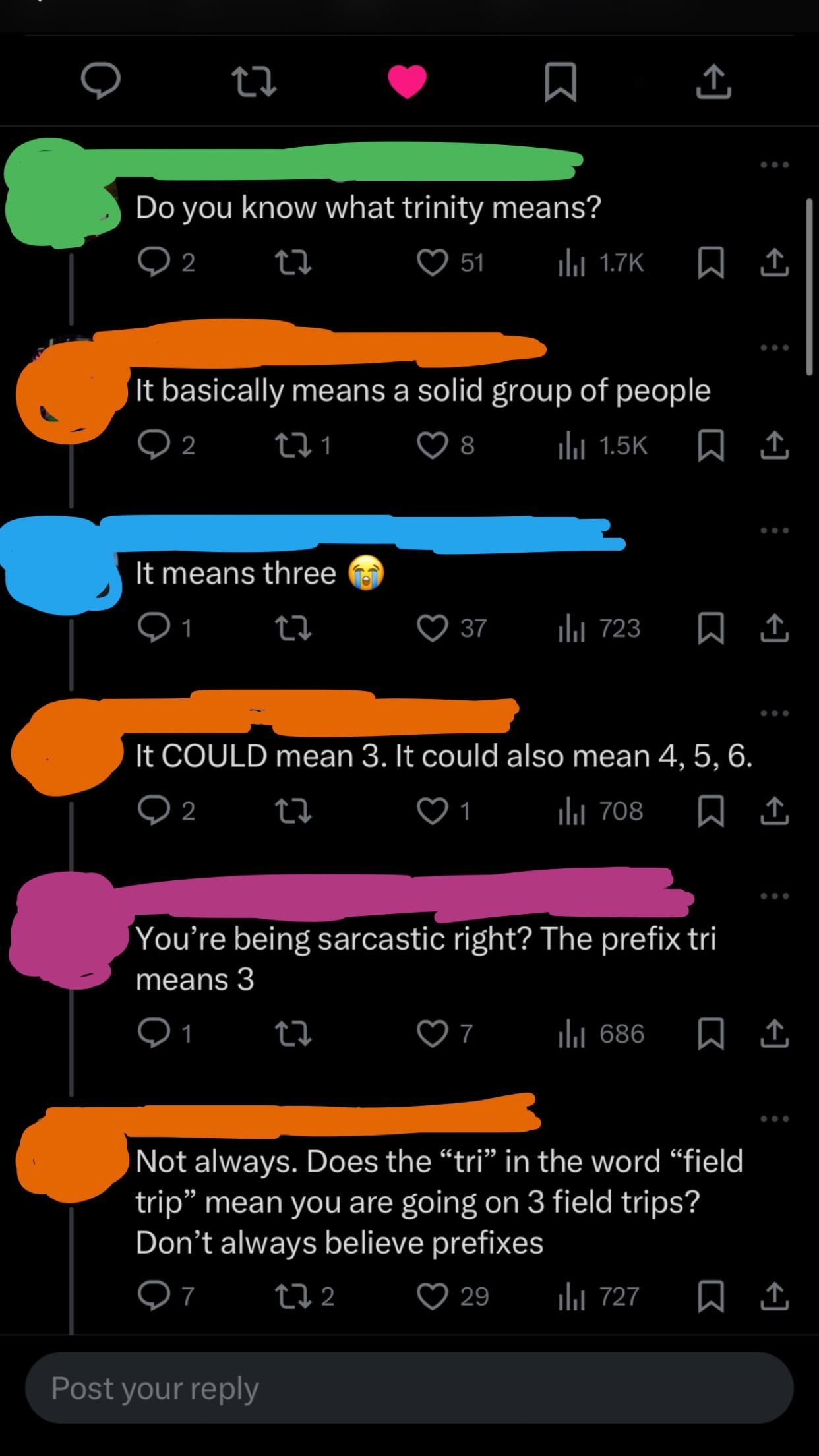 A conversation discussing the meaning of &quot;trinity&quot; on social media, with various users debating whether it means three or a solid group of people