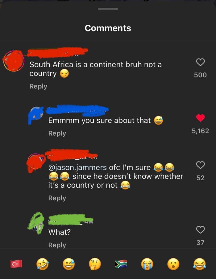 Summary of comments on a social media post debating if South Africa is a continent or a country, with users reacting humorously and a mix of emojis