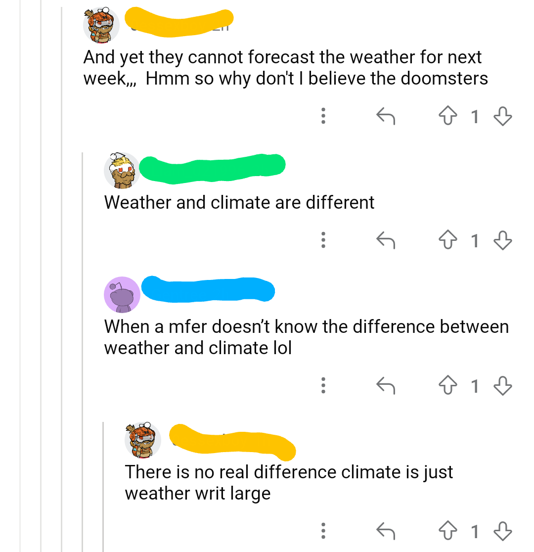 An online comment section discussing weather and climate. Comments include skepticism about weather forecasts and remarks on the differences between weather and climate
