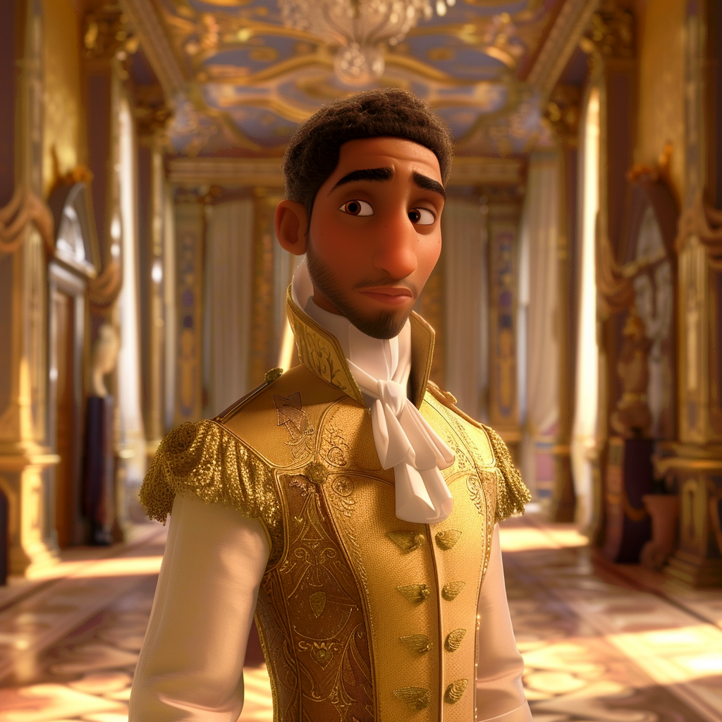 Simon from "Bridgerton" in Pixar form wearing a regal outfit inside an ornate palace