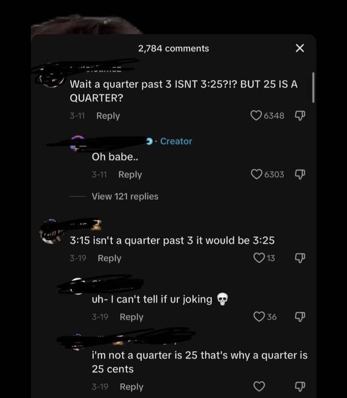 A series of comments discussing whether a quarter past 3 is 3:25 or not, with playful confusion and interactions among the commenters