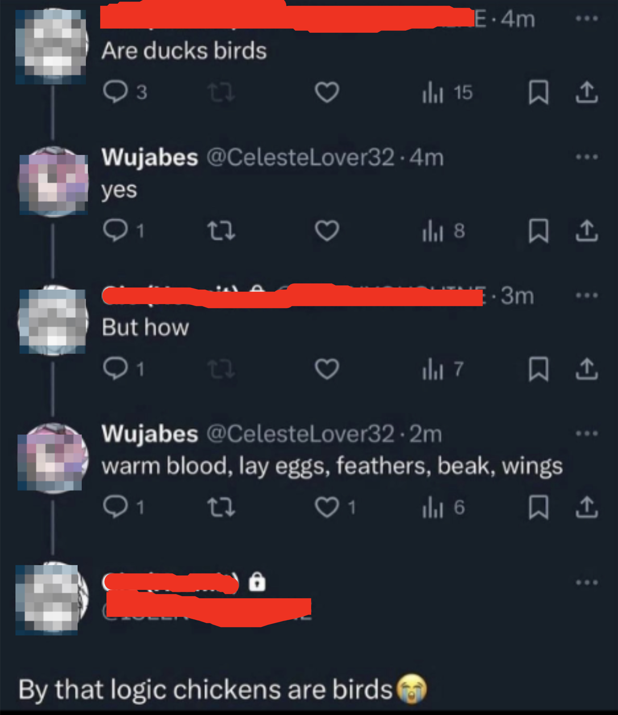 Text conversation where user Gio (Hermit) asks if ducks are birds. Wujabes confirms, giving reasons, and Gio concludes chickens must be birds too