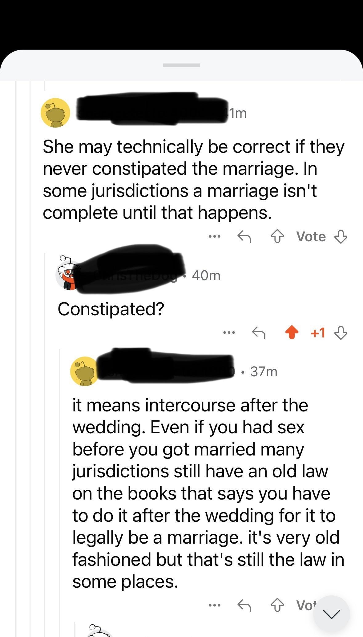 Screenshot of an Internet comment thread explaining that in some jurisdictions, a marriage isn't legally complete until consummation