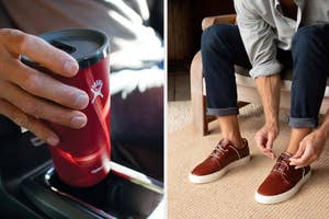 Close-up of a person holding a reusable coffee tumbler and another image shows a person tying the laces on brown leather shoes