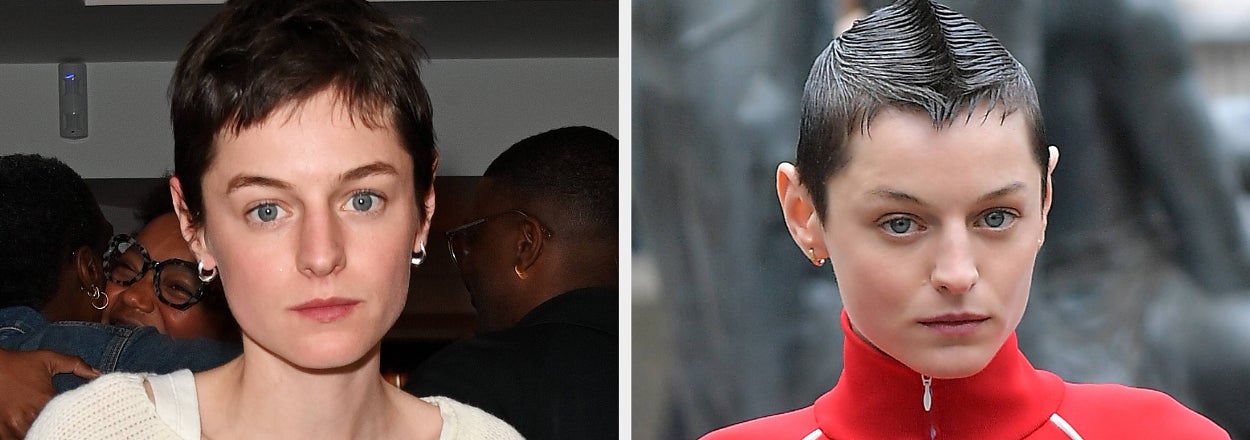 Emma Corrin is shown in two images: on the left, wearing a plain sweater; on the right, wearing a red Miu Miu jacket with slicked-back hair