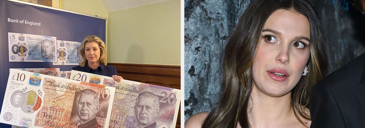 On the left, a person holds large replicas of British banknotes in front of a Bank of England backdrop. On the right, a woman in a sparkly dress looks off-camera