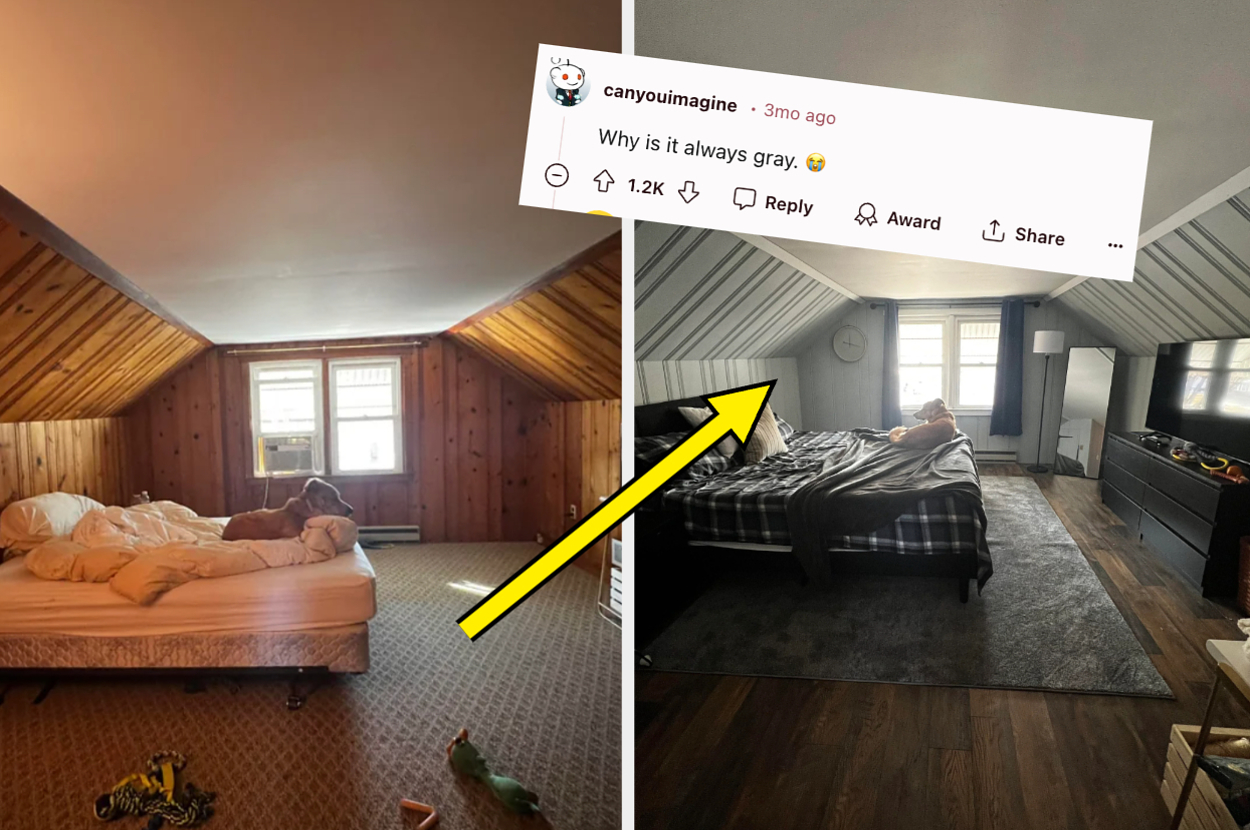 Before and after photos of a living room redesign; the after photo includes a caption mocking the change