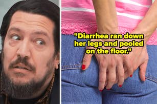 Sal Vulcano looking concerned on the left; an image of a woman on the right with her hands on her backside, overlaid with the text: "Diarrhea ran down her legs and pooled on the floor."