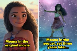 Moana from the original movie next to Moana in the sequel, set three years later