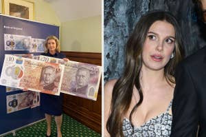 On the left, a person holds large replicas of British banknotes in front of a Bank of England backdrop. On the right, a woman in a sparkly dress looks off-camera