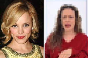 Rachel McAdams speaking in a red sweater on the left; Rachel McAdams with Ryan Gosling, dressed in formal attire, at an event on the right