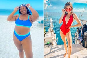 on the left a two-tone scoop neck bikini, in the middle a pink ruffle v-neck one-piece swimsuit, on the right a red plunging neckline one piece