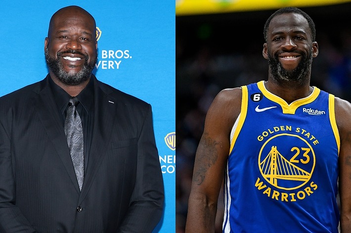 Shaquille O'Neal in a black suit and Draymond Green in a Golden State Warriors basketball uniform, standing side by side