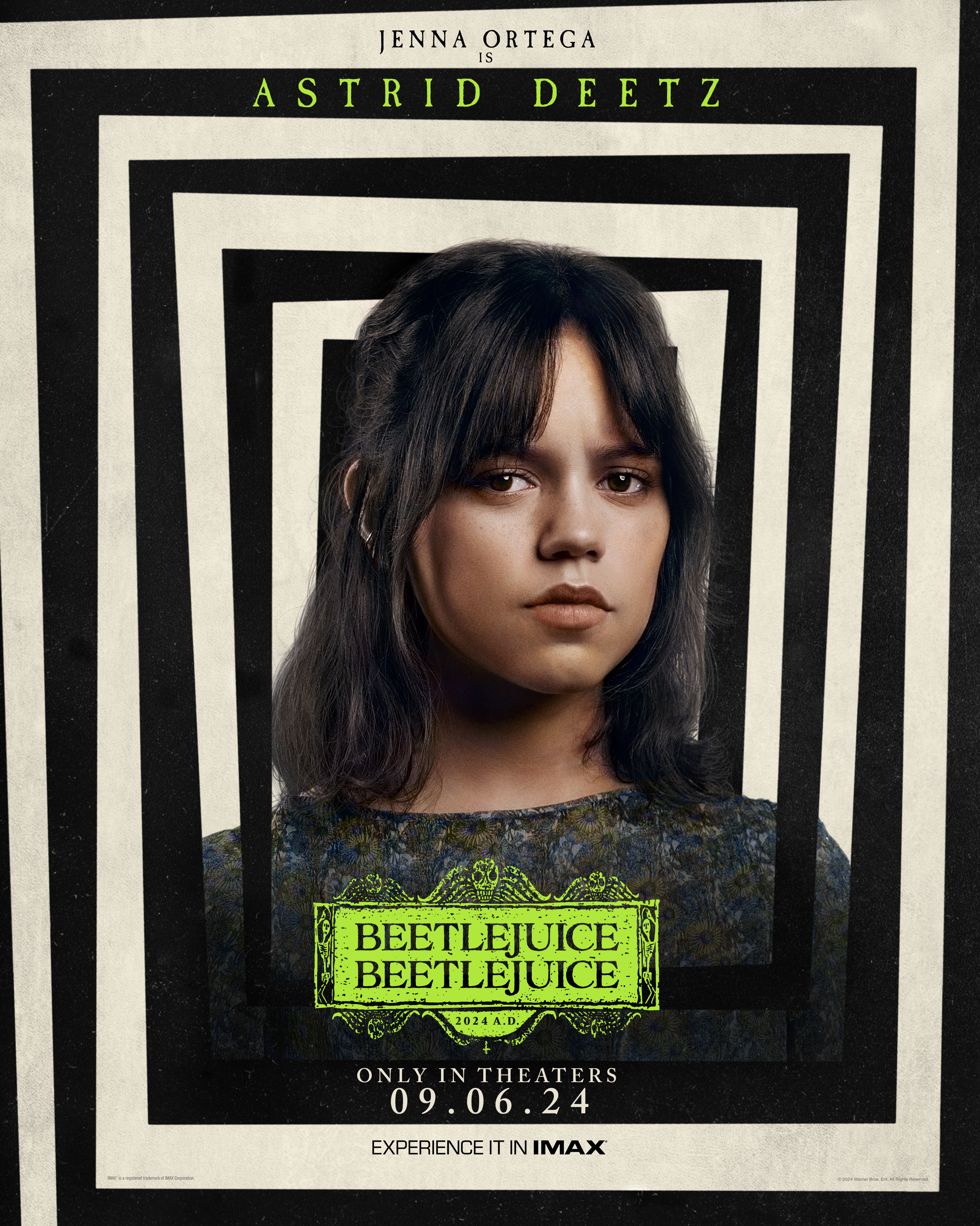Jenna Ortega as Astrid Deetz is in a movie poster for &quot;Beetlejuice,&quot; releasing in theaters on September 6, 2024
