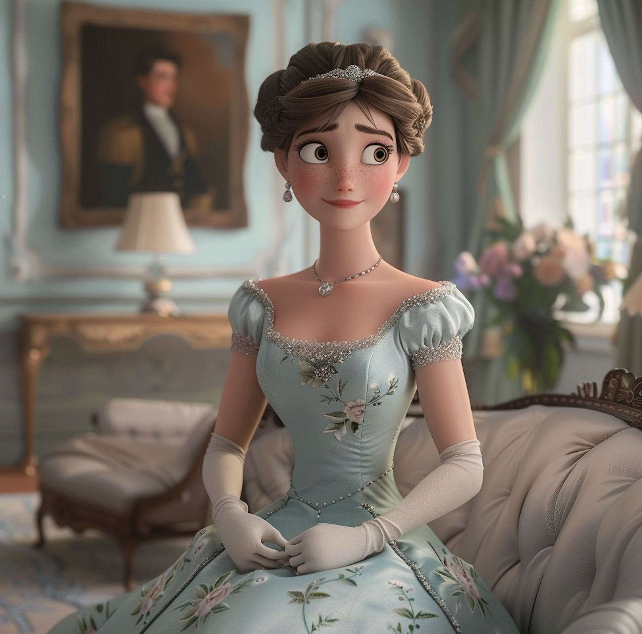 Violet from "Bridgerton" in Pixar form, in an elegant gown with floral patterns, sitting in a lavishly decorated room