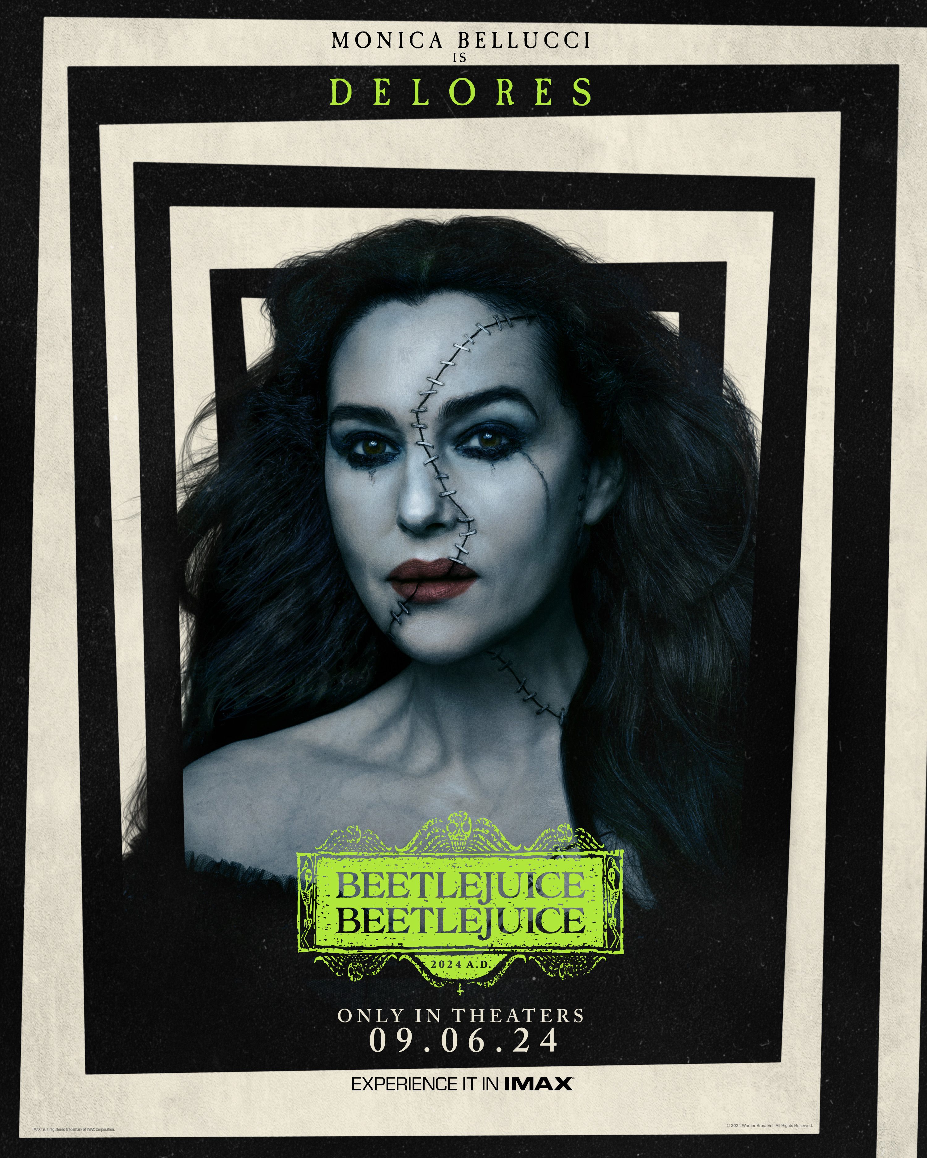 Monica Bellucci on a &quot;Beetlejuice&quot; movie poster as Delores with theatrical makeup. The poster includes the release date: 09.06.24 and &quot;Experience it in IMAX&quot;