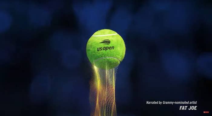 A US Open tennis ball is floating, with a shimmering net-like trail beneath it. Text reads: &quot;Narrated by Grammy-nominated artist Fat Joe.&quot;
