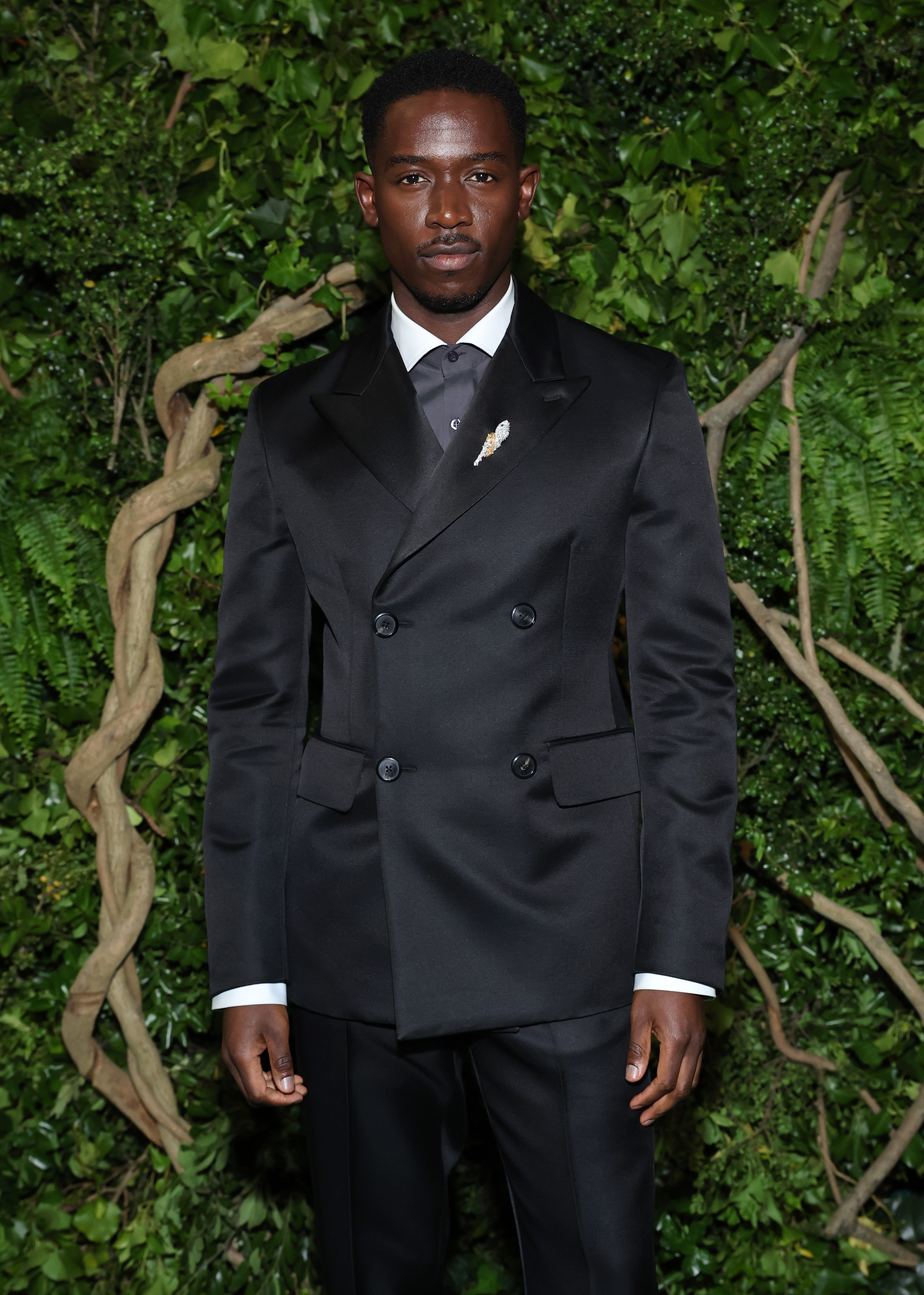 Damson Idris in black double-breasted suit poses in front of a leafy green backdrop at a celebrity event