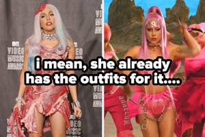 Lady Gaga in two outfits: one at an awards event wearing a textured dress, and another from a music video wearing futuristic attire. Text: "i mean, she already has the outfits for it...."