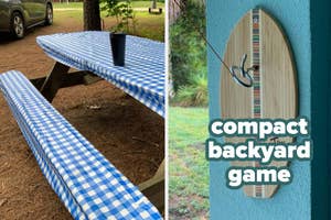 A blue checkered picnic table with a black cup, next to a compact backyard hook game hanging on the wall. The text "compact backyard game."