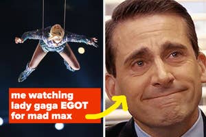 Lady Gaga in midair performance, meme text says "me watching lady gaga EGOT for mad max" with image of Steve Carell smirking and a yellow arrow pointing at him
