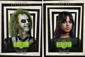 Character posters for the movie "Beetlejuice 2," featuring Michael Keaton as Beetlejuice and Jenna Ortega as Astrid Deetz. Released on 09.06.24