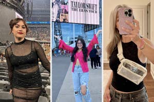 Three women showcasing different styles with accessories like a clear belt bag, sunglasses, and a fringed top. Great for a fashion-forward look