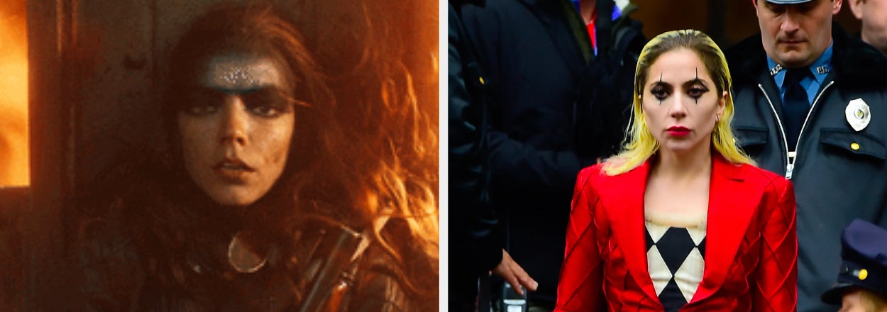 Lady Gaga as Patrizia Reggiani in leather and weapon in House of Gucci scene; Lady Gaga in red jacket and black mini skirt off-screen