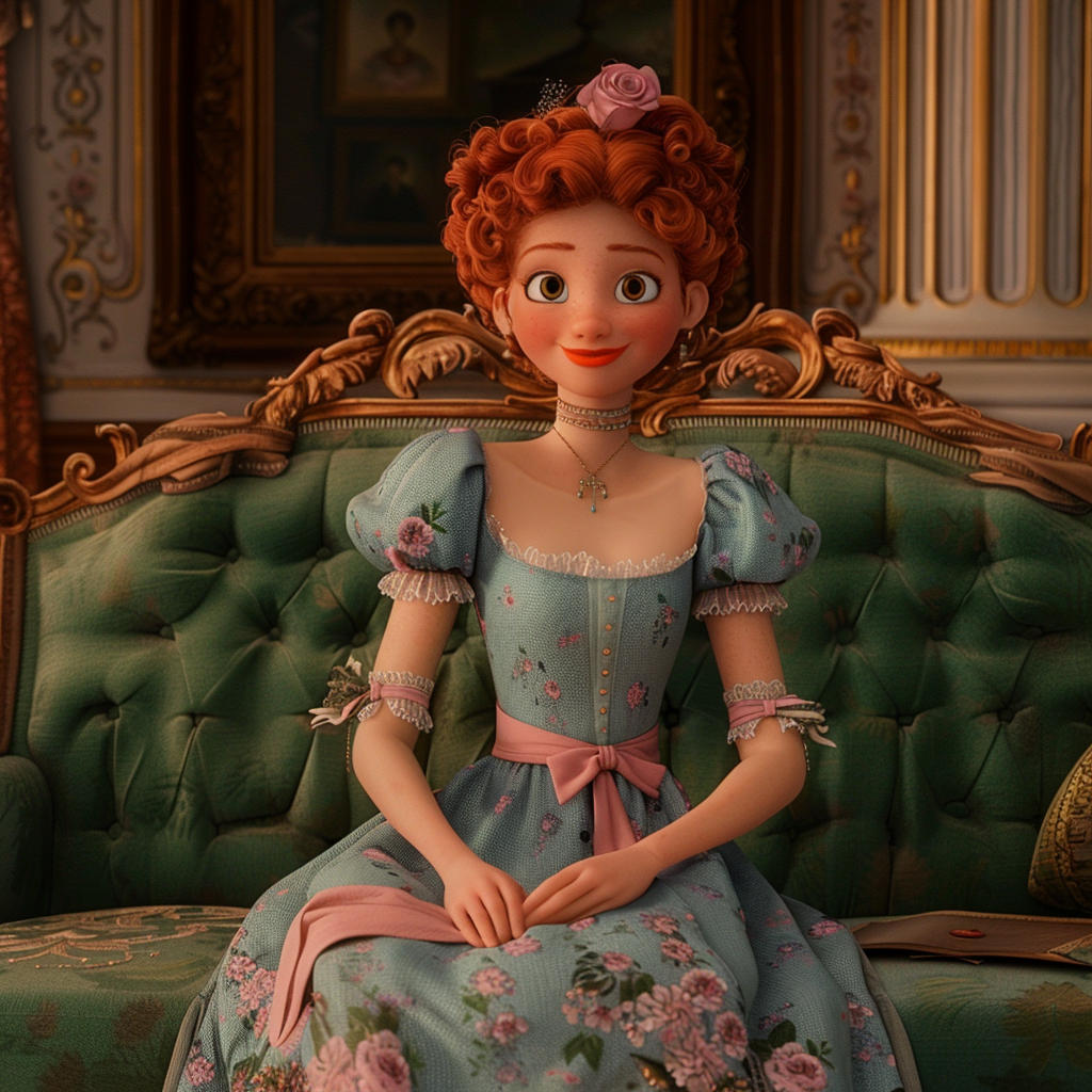 Philippa from "Bridgerton" in Pixar form sitting on a vintage green couch, wearing an elegant blue, floral-embroidered Victorian-style dress with puffed sleeves and a pink bow belt