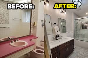 Bathroom renovation before and after showing replaced fixtures and updated decor