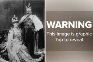 King Edward VII in royal regalia stands next to Queen Alexandra seated in a gown and crown. Warning message on the right: "WARNING This image is graphic Tap to reveal."
