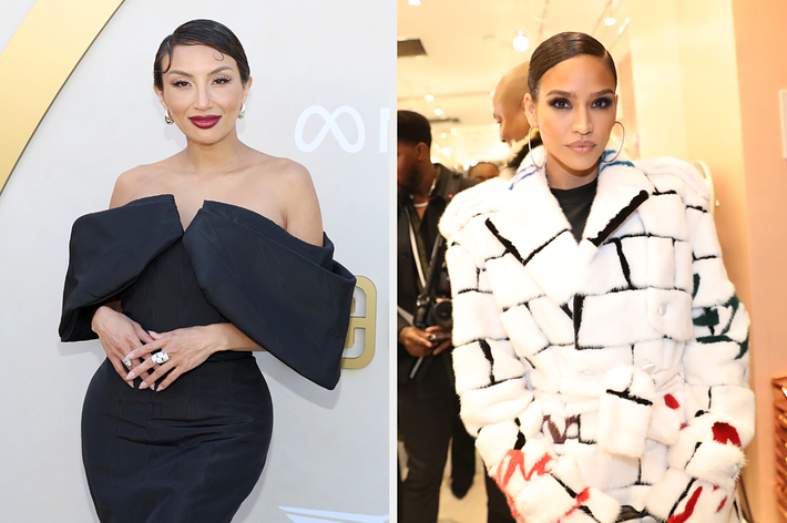 Jeannie Mai in an off-shoulder black gown on the left; Cassie Ventura in a white patterned coat on the right. Both at separate events