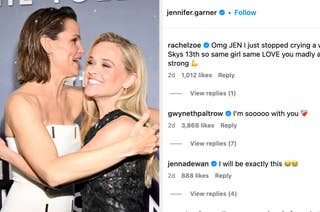 Jennifer Garner hugging Reese Witherspoon. Instagram comment section includes positive comments from Rachel Zoe, Gwyneth Paltrow, and Jenna Dewan